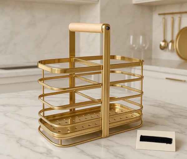 Luxury Golden Cutlery & Utensil Organizer — 3-Slot with Wooden Handle