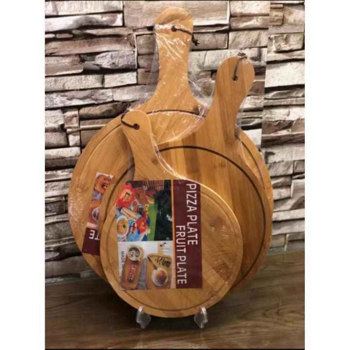Bamboo Pizza Plate with Long Handle – Wooden Steak & Serving Platter Board