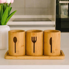 Bamboo 3-Cylinder Cutlery Holder with Tray