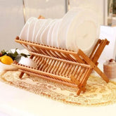Foldable Bamboo Dish Drying Rack Holder - Wooden Flatware Dish Rack