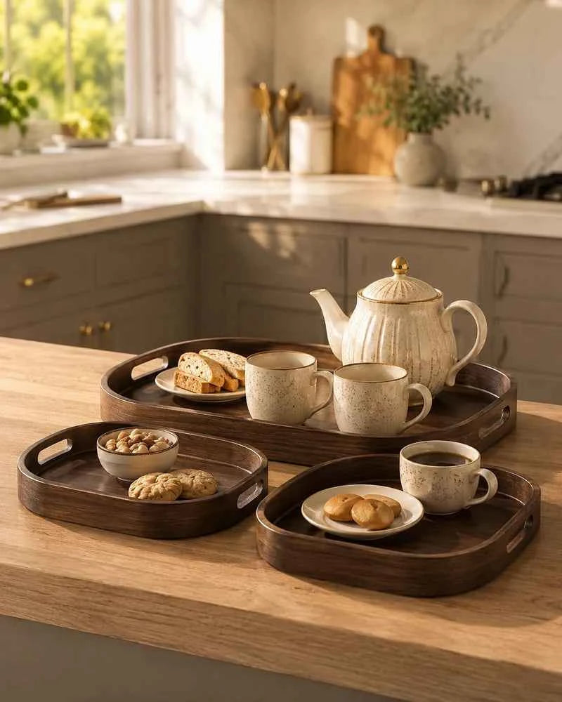 3pcs Dark Wood Serving Tray Set, Wooden Tea Serving Tray Set, Heritage Style Wooden Serving Tray Set, Luxury Brown Wood Breakfast Tray Set