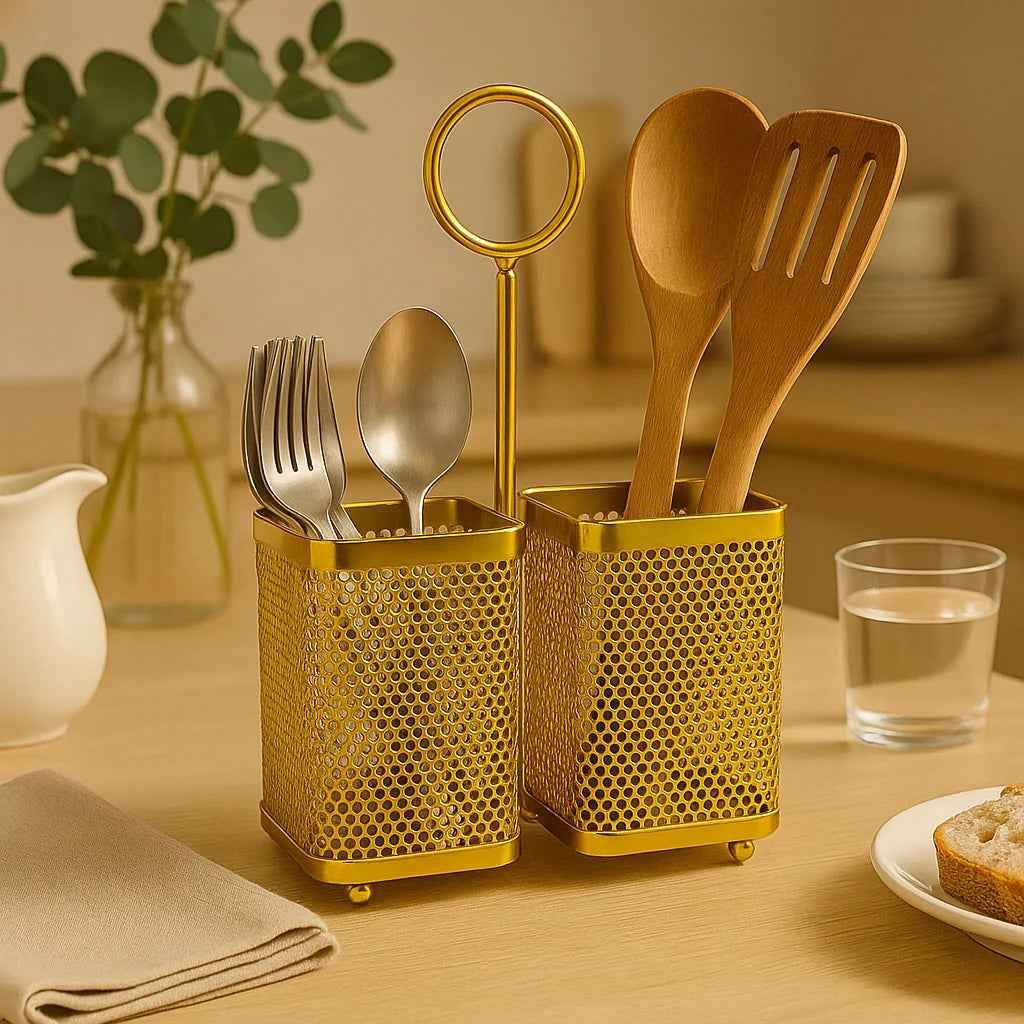 2-Section Square Stainless Steel Cutlery Organizer | Gold-Handle Kitchen Utensil Holder