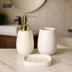 3 PIECE CERAMIC BATHROOM SET โ SOAP DISPENSER TUMBLER & SOAP DISH | LUXURY VANITY DECOR - WHITE