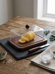 Acacia Wood Butter Dish with Clear Dome Lid and Knife