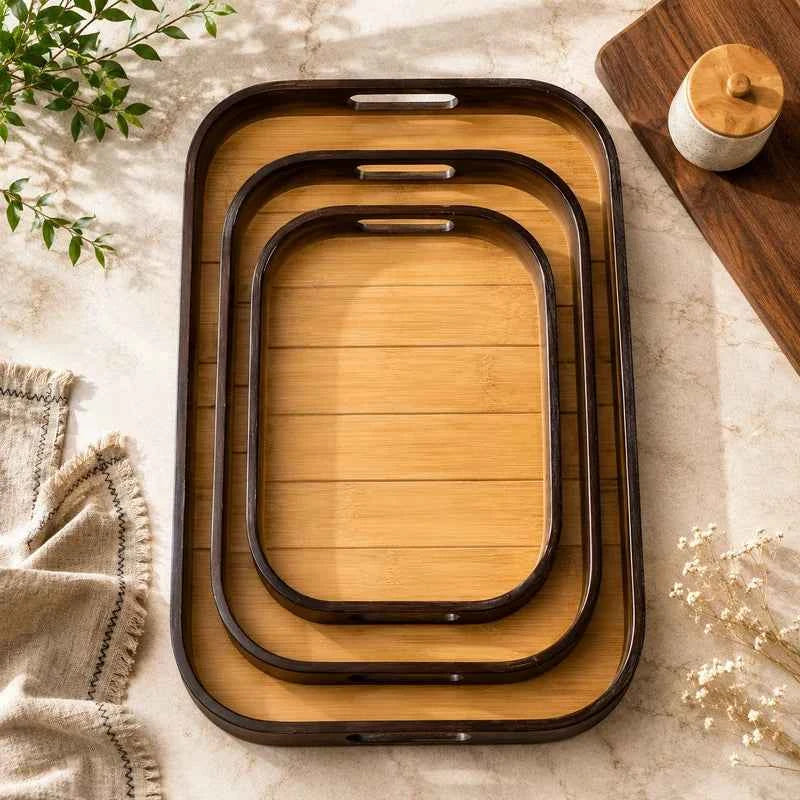 3 Pcs Wooden Tea Serving Tray Set With Handles, Elegant Bamboo Breakfast Tray Set, Classic Wooden Serving Tray Collection