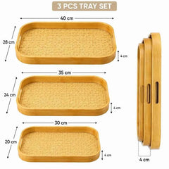 3pcs Bamboo Serving Tray Set, Bamboo Serving & Display Tray Set, Woven Design Bamboo Serving Trays, Natural Bamboo Breakfast & Serving Tray Set