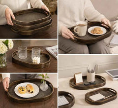 3pcs Classic Wooden Serving Tray Set, Handcrafted Style Woven Tray Set, Elegant Wooden Breakfast & Serving Trays
