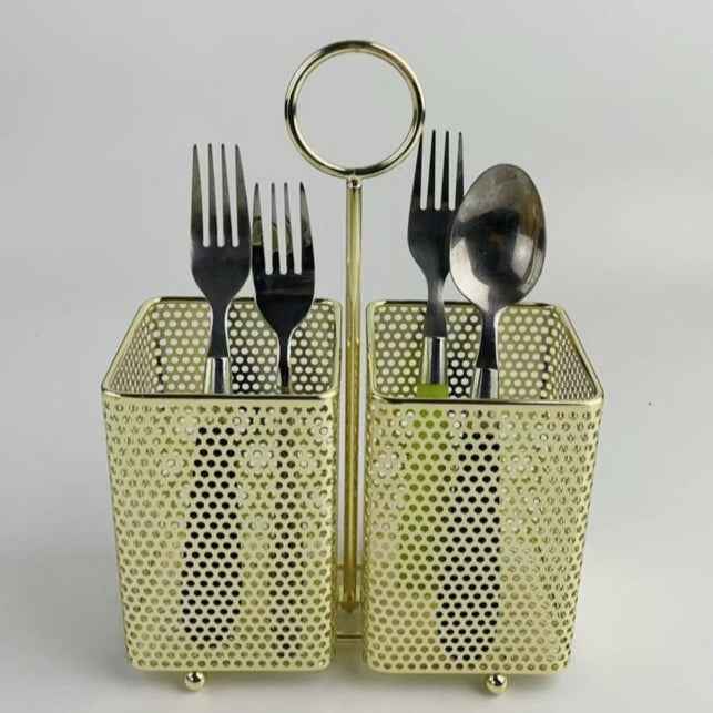 2-Section Square Stainless Steel Cutlery Organizer | Gold-Handle Kitchen Utensil Holder