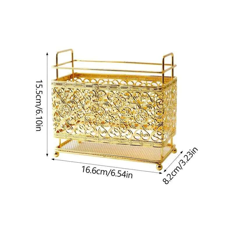 Gold Cast Iron Utensil Holder with Wooden Base (Rectangle Shaped)