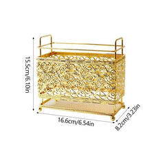 Gold Cast Iron Utensil Holder with Wooden Base (Rectangle Shaped)