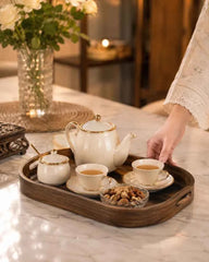 3pcs Dark Wood Serving Tray Set, Wooden Tea Serving Tray Set, Heritage Style Wooden Serving Tray Set, Luxury Brown Wood Breakfast Tray Set