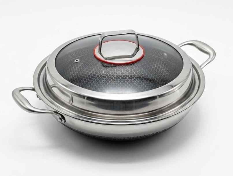 Stainless Steel Wok with Glass Lid (Red Rim)