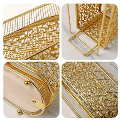 Gold Cast Iron Utensil Holder with Wooden Base (Rectangle Shaped)