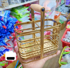 Luxury Golden Cutlery & Utensil Organizer โ 3-Slot with Wooden Handle