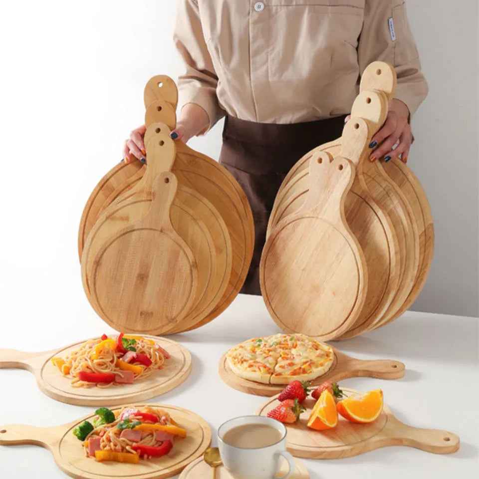 Bamboo Pizza Plate with Long Handle – Wooden Steak & Serving Platter Board