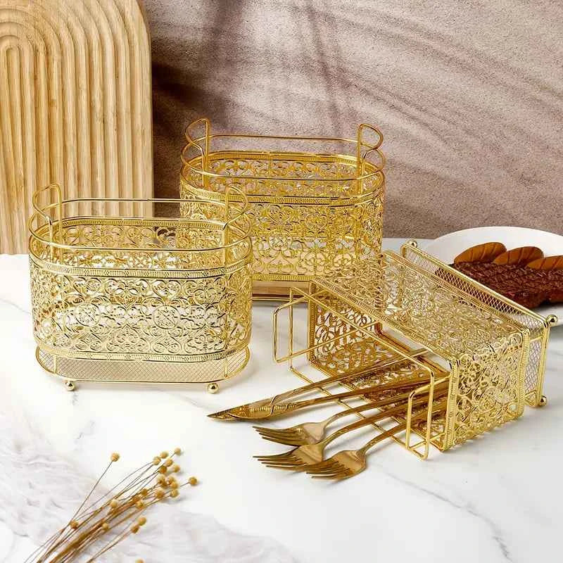 Gold Cast Iron Utensil Holder with Wooden Base (Rectangle Shaped)