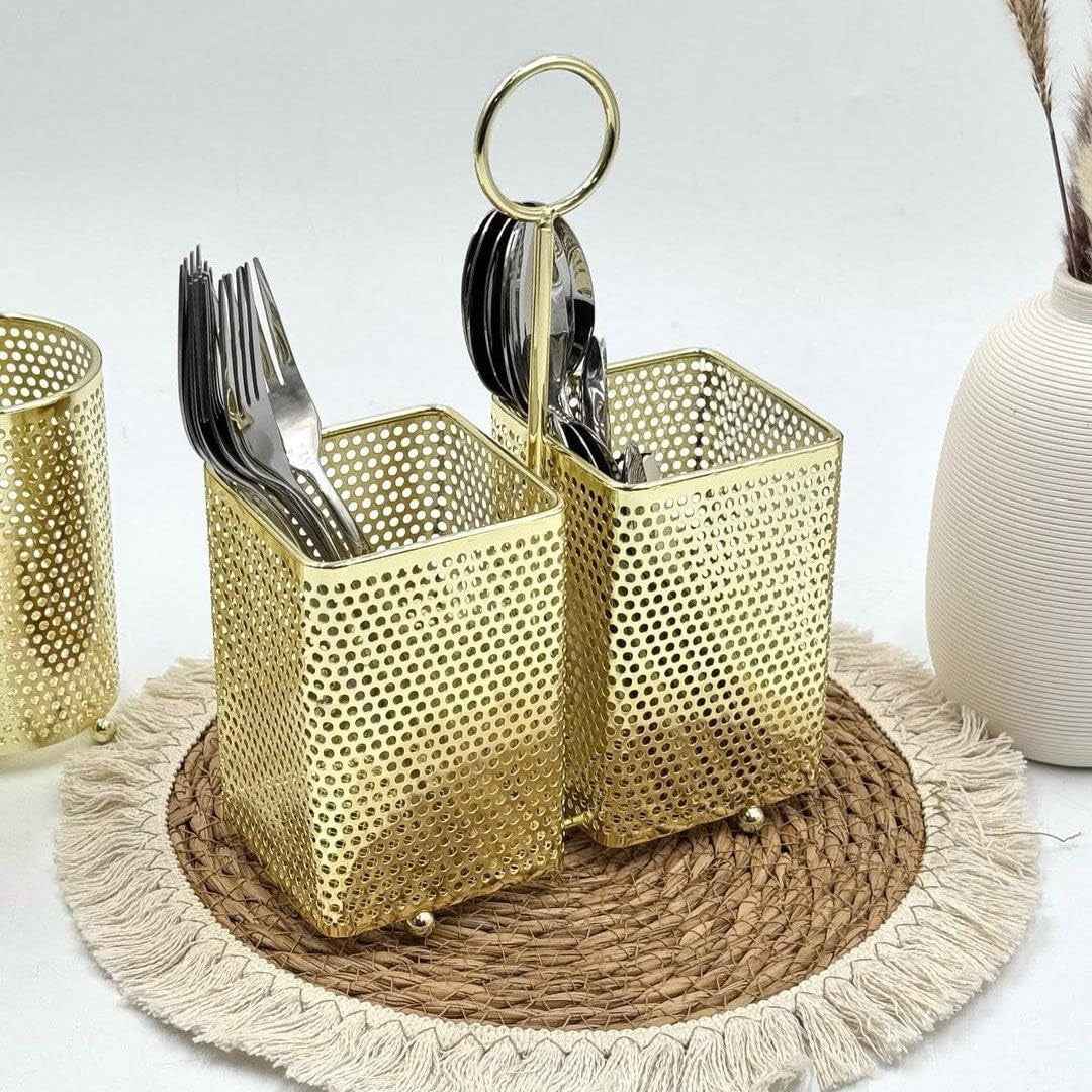 2-Section Square Stainless Steel Cutlery Organizer | Gold-Handle Kitchen Utensil Holder