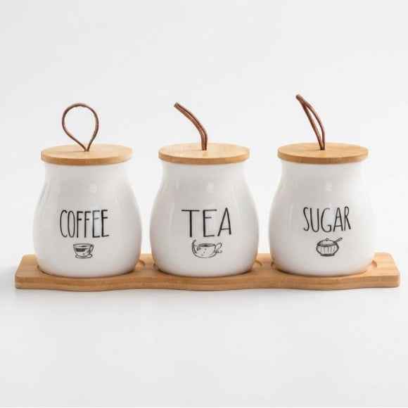 Ceramic Tea Coffee Sugar Jars Set with Tray