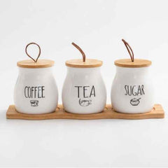 Ceramic Tea Coffee Sugar Jars Set with Tray