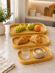 3pcs Bamboo Serving Tray Set, Bamboo Serving & Display Tray Set, Woven Design Bamboo Serving Trays, Natural Bamboo Breakfast & Serving Tray Set