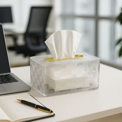 Frosted Luxe Checkered Tissue Box with Gold Trim โ Elegant Vanity Tissue Holder