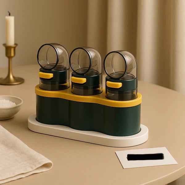 3-in-1 Compact Seasoning Dispenser Set – Rotating Spice Containers with Airtight Lids