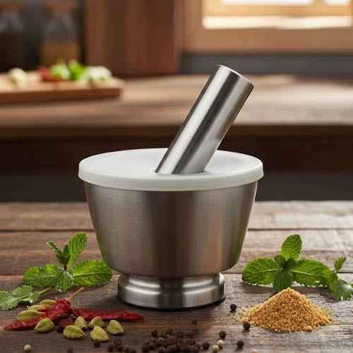 Modern Stainless Steel Mortar and Pestle with Lid | Heavy-Duty Imam Dasta / Haven Dasta for Crushing Spices & Garlic