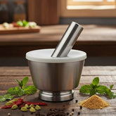 Modern Stainless Steel Mortar and Pestle with Lid | Heavy-Duty Imam Dasta / Haven Dasta for Crushing Spices & Garlic