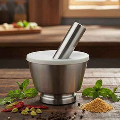 Modern Stainless Steel Mortar and Pestle with Lid | Heavy-Duty Imam Dasta / Haven Dasta for Crushing Spices & Garlic