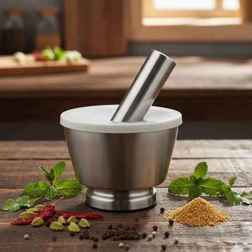 Modern Stainless Steel Mortar and Pestle with Lid | Heavy-Duty Imam Dasta / Haven Dasta for Crushing Spices & Garlic
