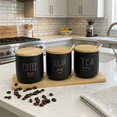 3-Piece Black Matte Coffee, Tea & Sugar Canister Set with Bamboo Lids, Spoons & Serving Tray โ Farmhouse Kitchen Counter Organizer