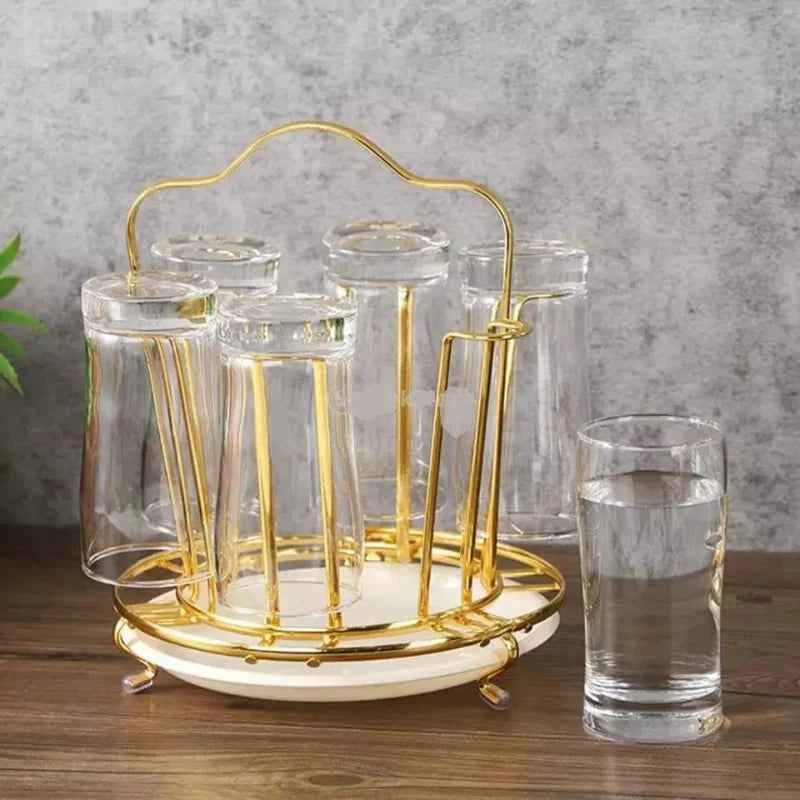 6 Holder Drinking Glass Drainer Stand with Drain Tray and Silicone Protective Hooks Non-Slip Bottle Drying Tree for Glasses Tumbler Kitchen