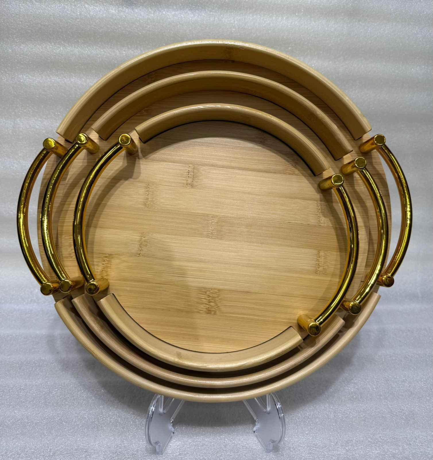 Eco-Friendly Bamboo Nesting Serving Platters with Polished Gold Metal Handles