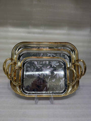 3-Pcs Premium Nesting Platter Set with Gold Trim & Floral Leaf Etching