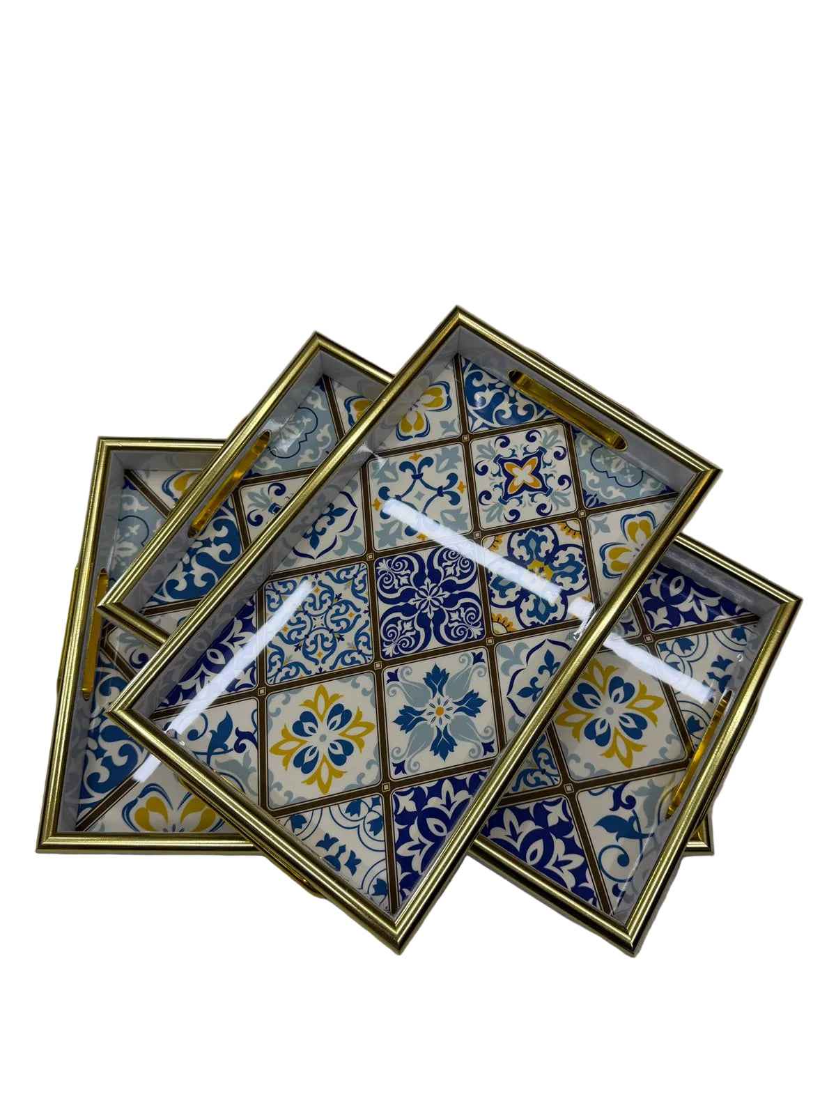 Premium 3-Piece Gold Framed Moroccan Tile Serving Tray Set