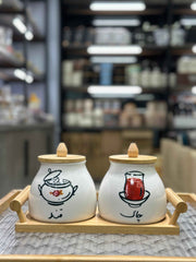2-Piece Ceramic Tea & Sugar Storage Jar Set with Bamboo Tray & Wooden Lids