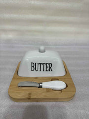 Premium Ceramic Butter Dish with Bamboo Tray & Butter Spreader Knife