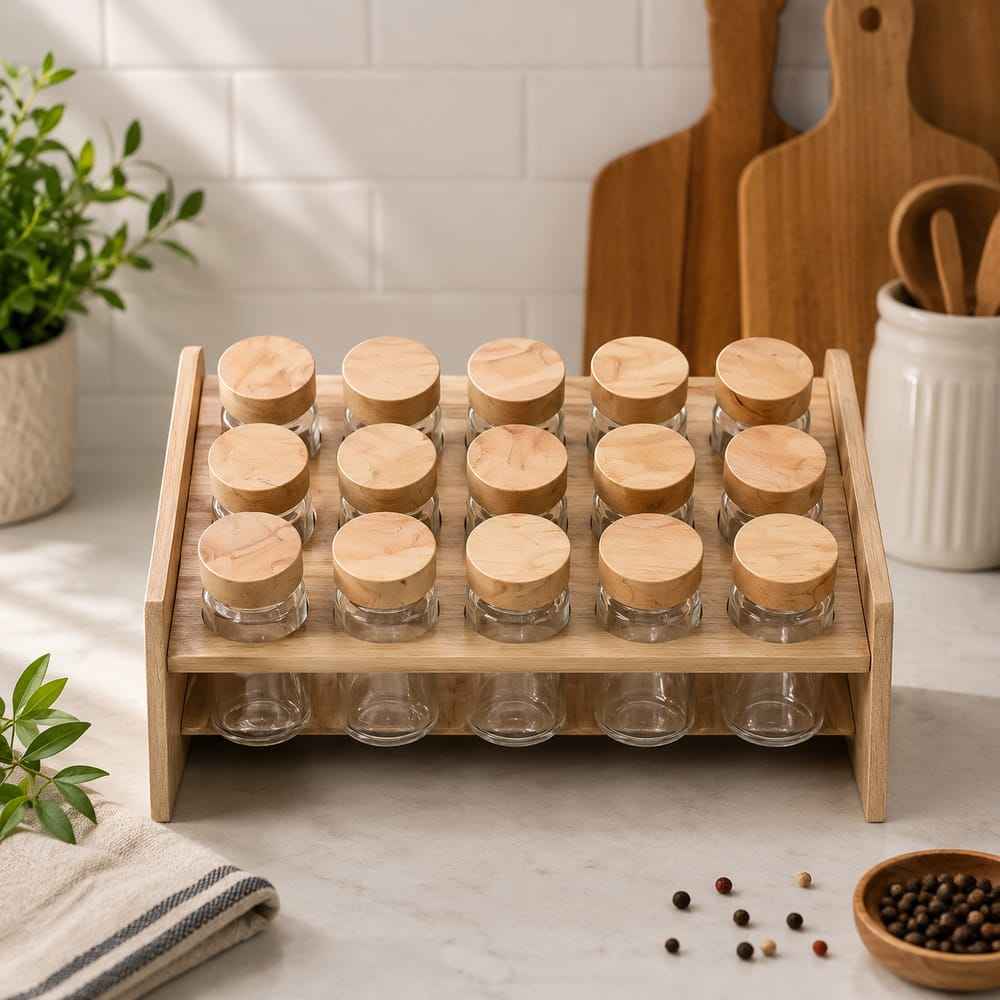 Wooden Spice Jar Organizer with 15 Glass Spice Jars & Wooden Lids