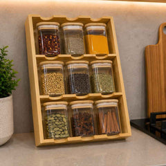 Wooden Spice Rack Organizer with 9 Glass Spice Jars & Wooden Lids