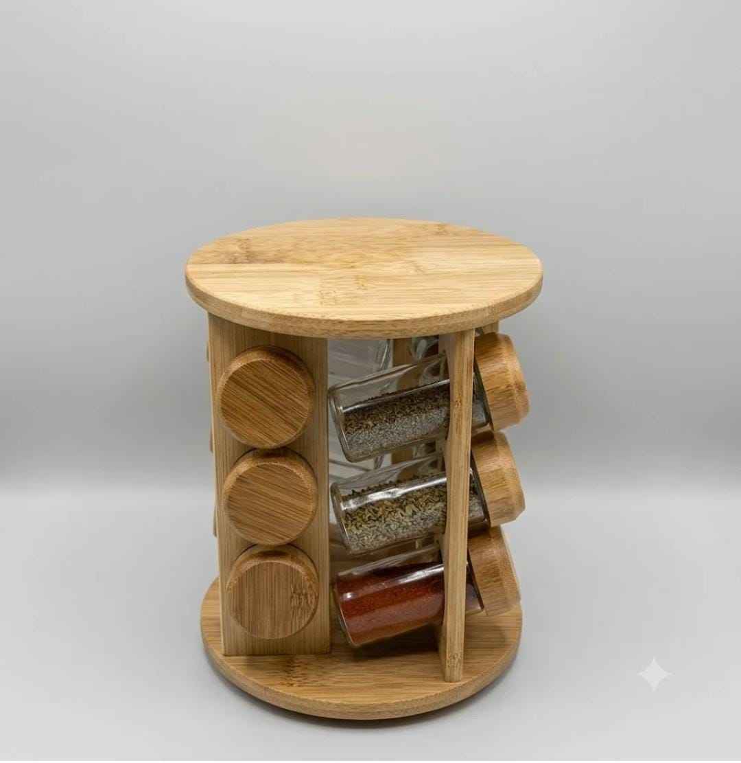 360° Rotating Bamboo Spice Rack with Glass Jars & Wooden Lids