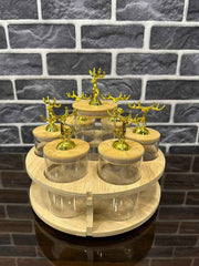 Premium Wooden Rotating Glass Jar Organizer with Deer Design