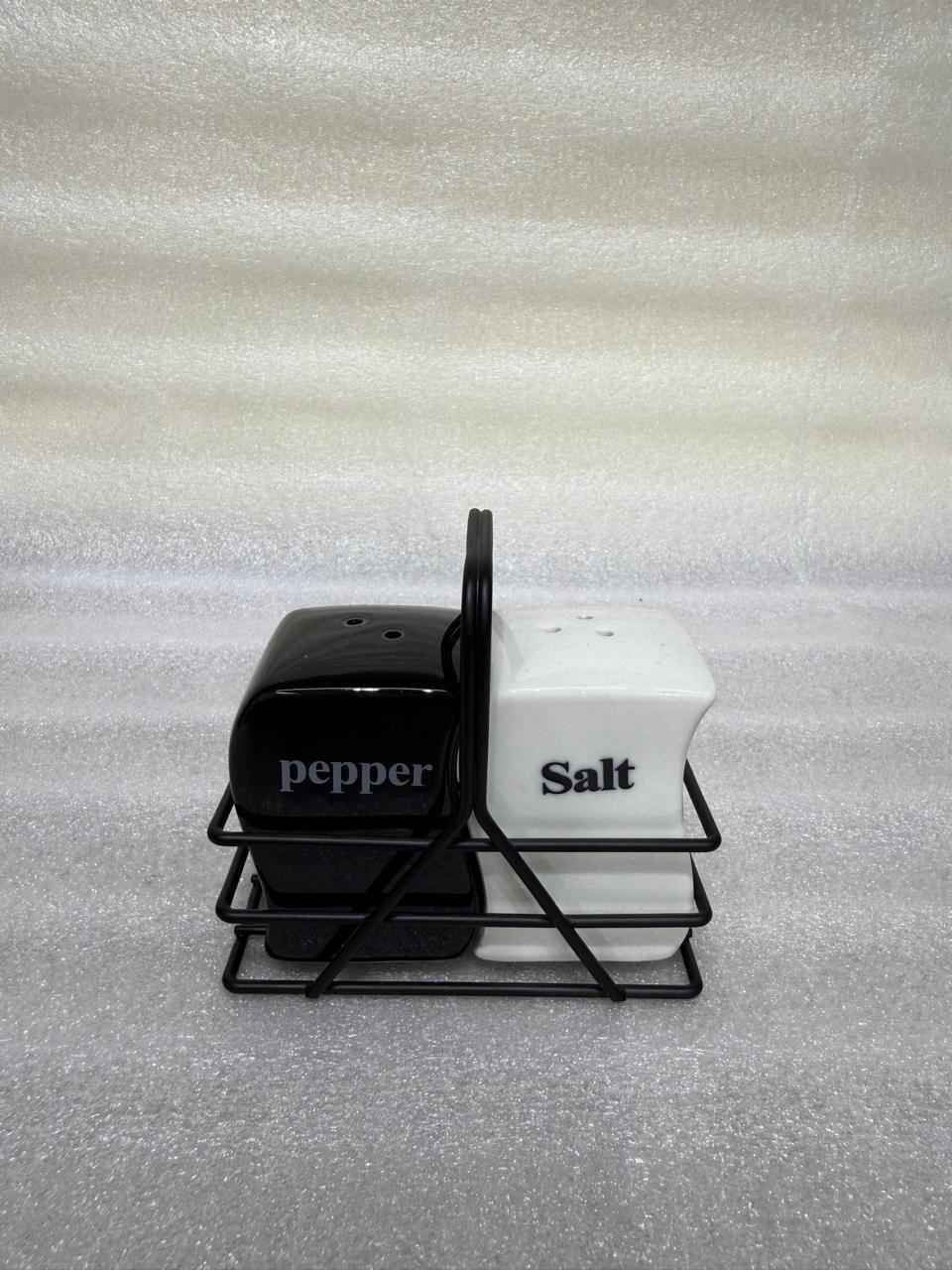 Black & White Salt & Pepper Shaker Set with Wire Caddy