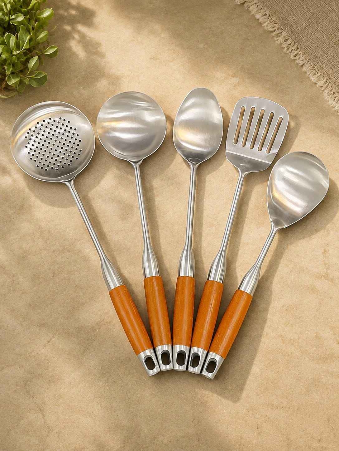 Steel Kitchen Utensil Set (5 Pcs) - Wood Handle