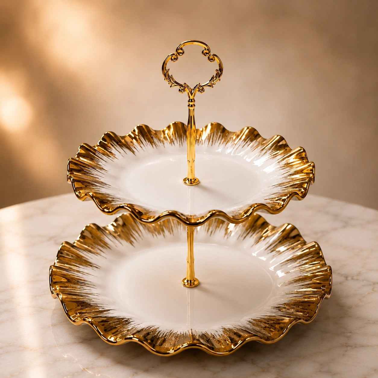 Ceramic Gold-Rim Scalloped 2-Tier Serving Stand
