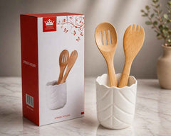Imperial Collection Leaf-Textured Ceramic Utensil Holder with Wooden Spoons