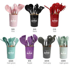 Silicone Cooking Utensil Set with Wooden Handles & Holder