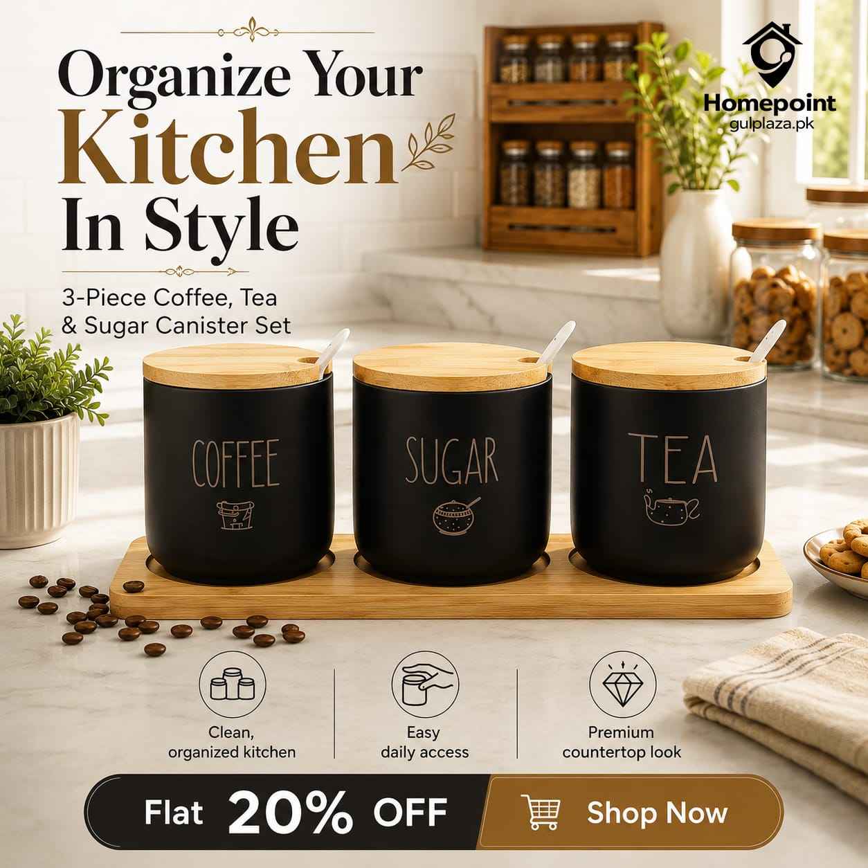 3-Piece Black Matte Coffee, Tea & Sugar Canister Set with Bamboo Lids, Spoons & Serving Tray โ Farmhouse Kitchen Counter Organizer