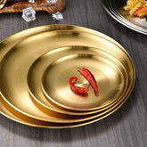 Set of Round Gold Stainless Steel Plates – Multiple Sizes