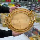Eco-Friendly Bamboo Nesting Serving Platters with Polished Gold Metal Handles