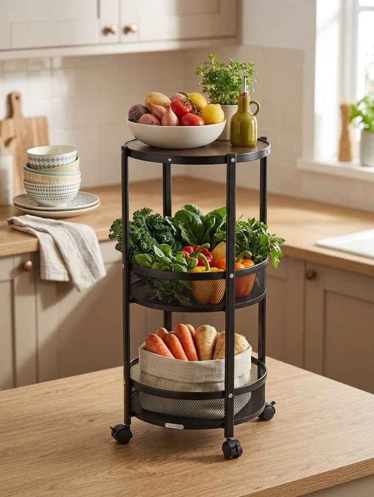 2-Tier Round Rolling Kitchen Cart with Mesh Baskets